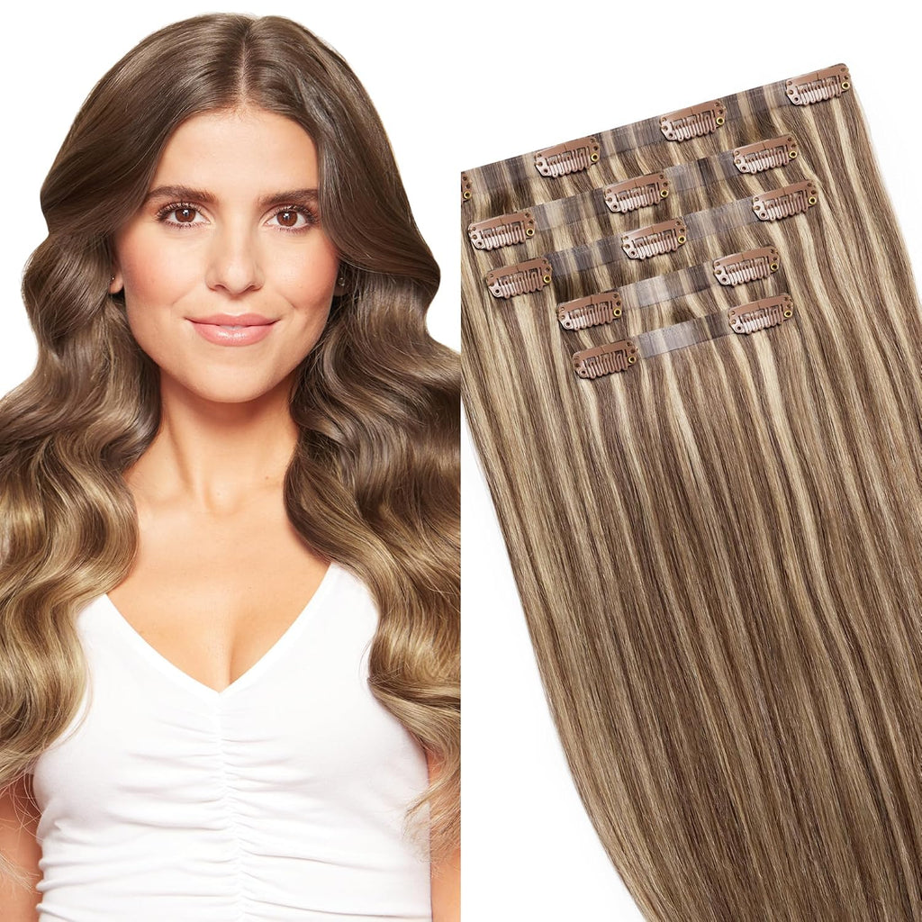 Clip-in Volume Boost Hair Extension Ash Brown Balayage (5T18A) | 16 Inches,100 Grams,5-Piece Starter Kit Remy Human
