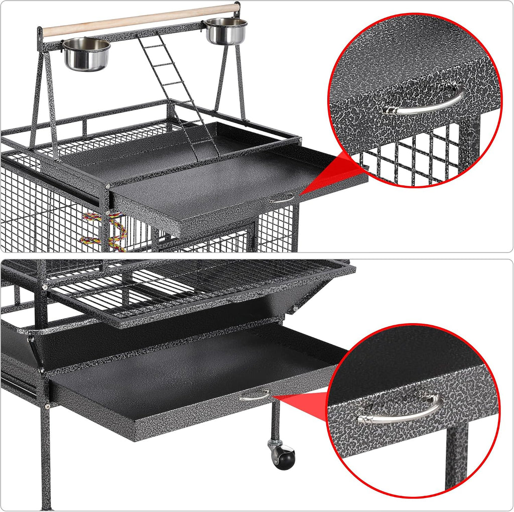 69" Large Bird Cage, Rolling Parrot Cage for Parakeets Cockatiels | Play Top with Ladder & Feeders, Slide-Out Tray