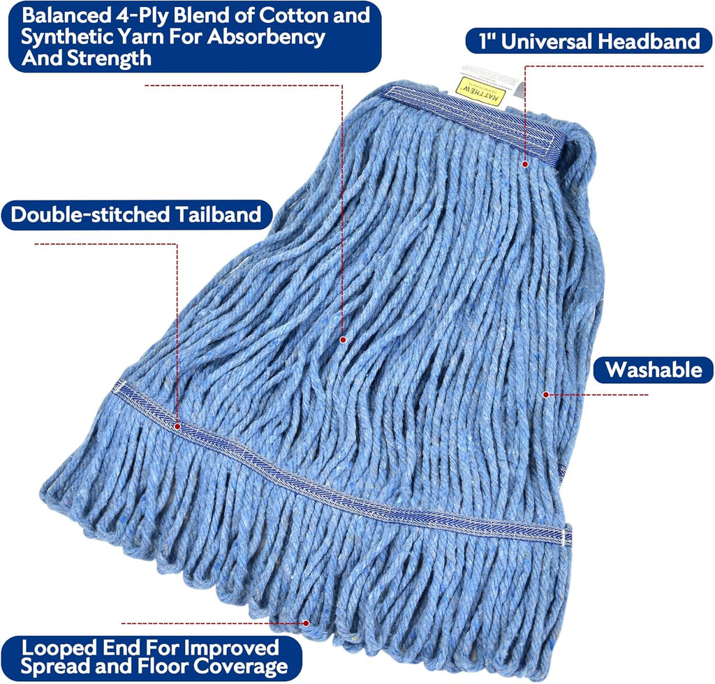 Matthew Cleaning Heavy Duty Mop Head Commercial Grade Replacement for General and Floor Cleaning, Wet Industrial Blue