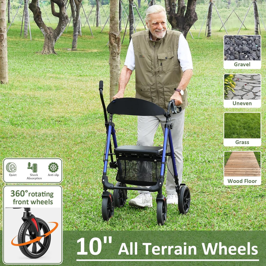 Rollator Walker for Seniors, 10 Inch Big Wheels, Reinforced Aluminum Frame 350lb Weight Capacity, Foldable All
