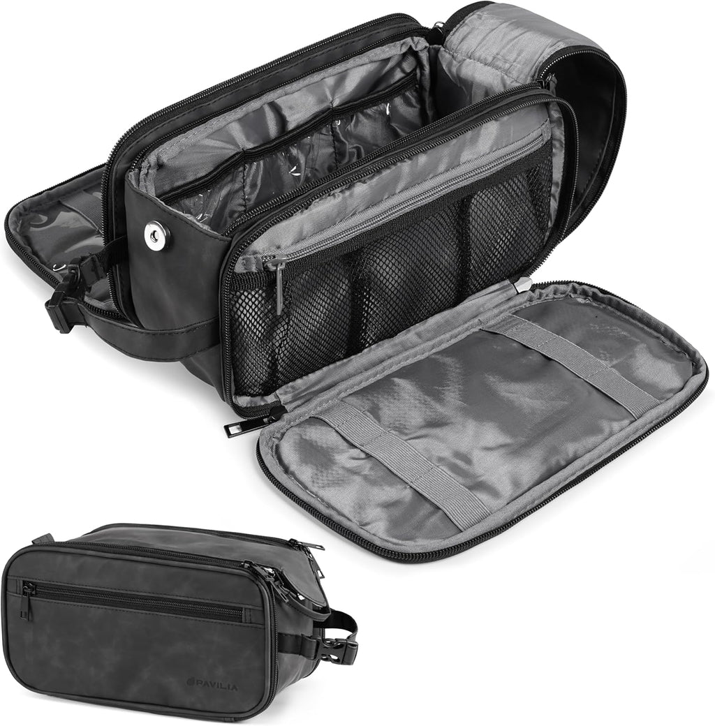 Toiletry Bag for Men, Hanging Travel Dopp Kit Organizer, PU Leather Water Resistant Bathroom Bag for Shaving