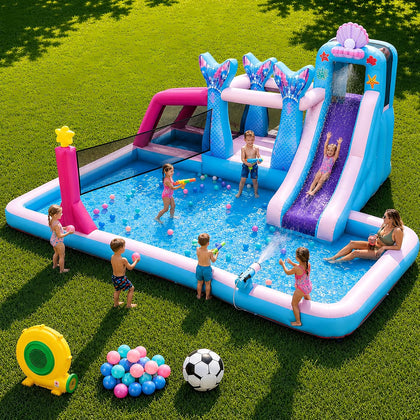 7-in-1 Inflatable Water Slide for Kids Backyard, 12 x 12 FT Bounce House Water Park with 480W Blower, Splash Pool