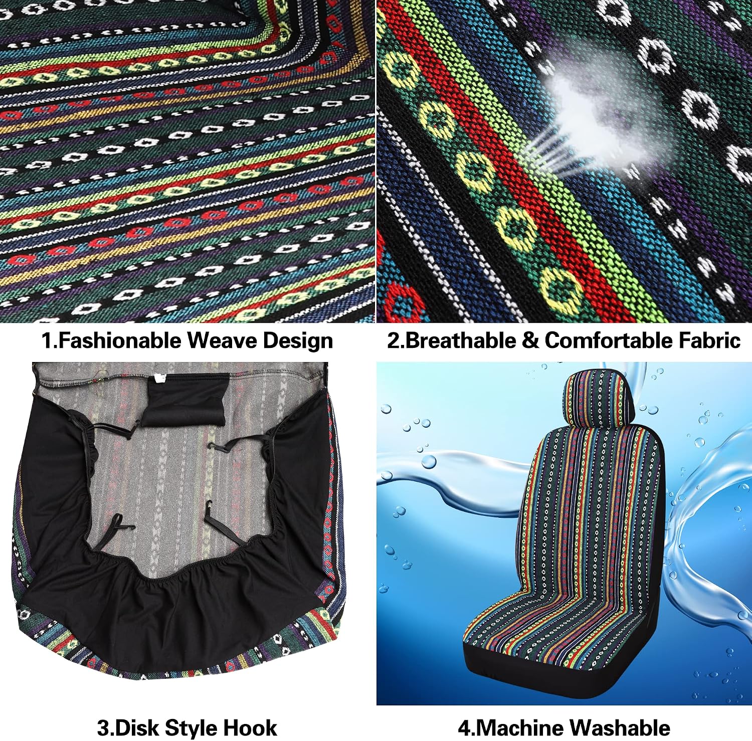 Baja Saddle Blanket Car Seat Covers Front Set with Seat Belt Pads, Washable Breathable Striped Woven Cloth Seat