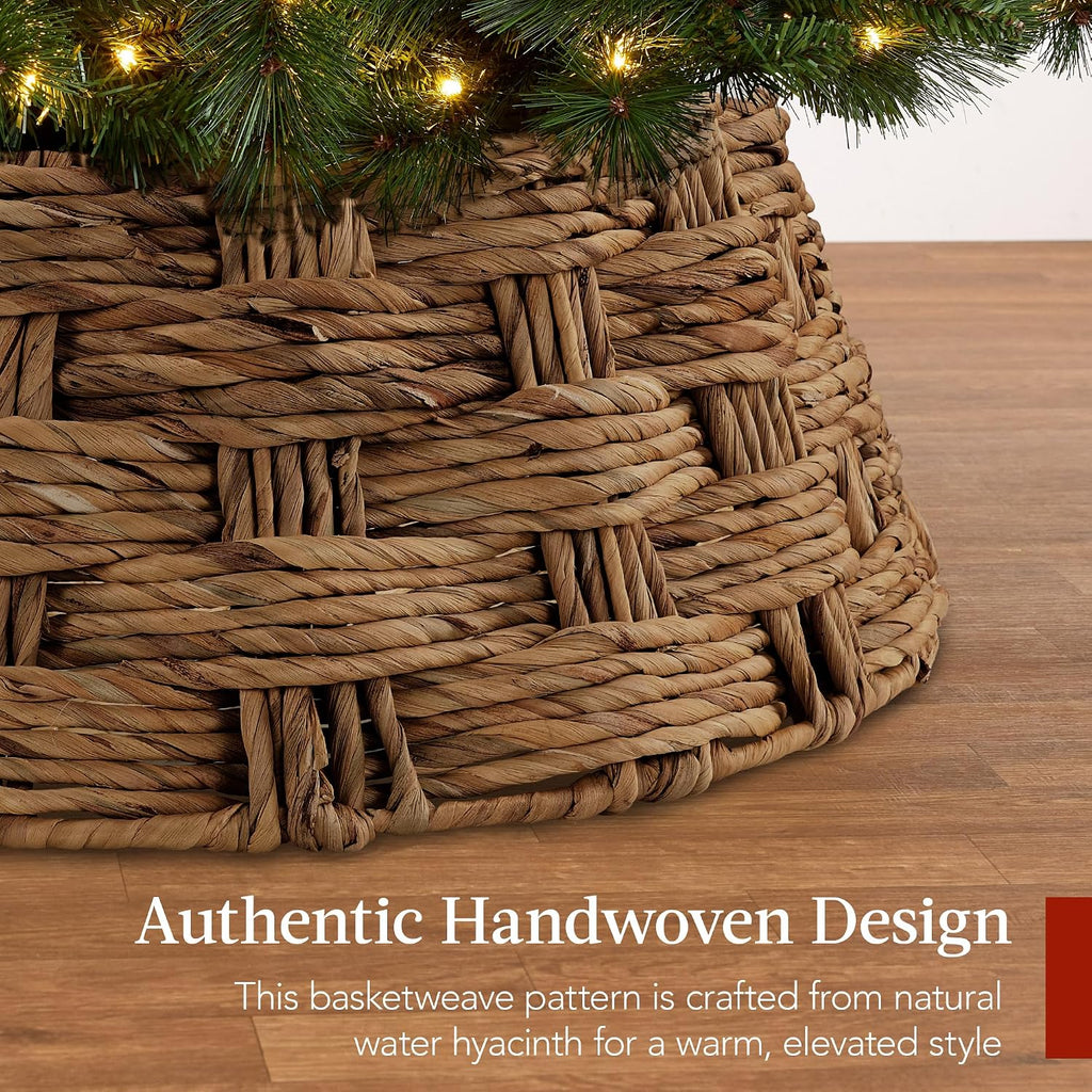24in Christmas Tree Collar, Basket Woven Hyacinth 3-Piece Holiday Rattan Tree Skirt Accessory for Home w/Cord Cut-Out