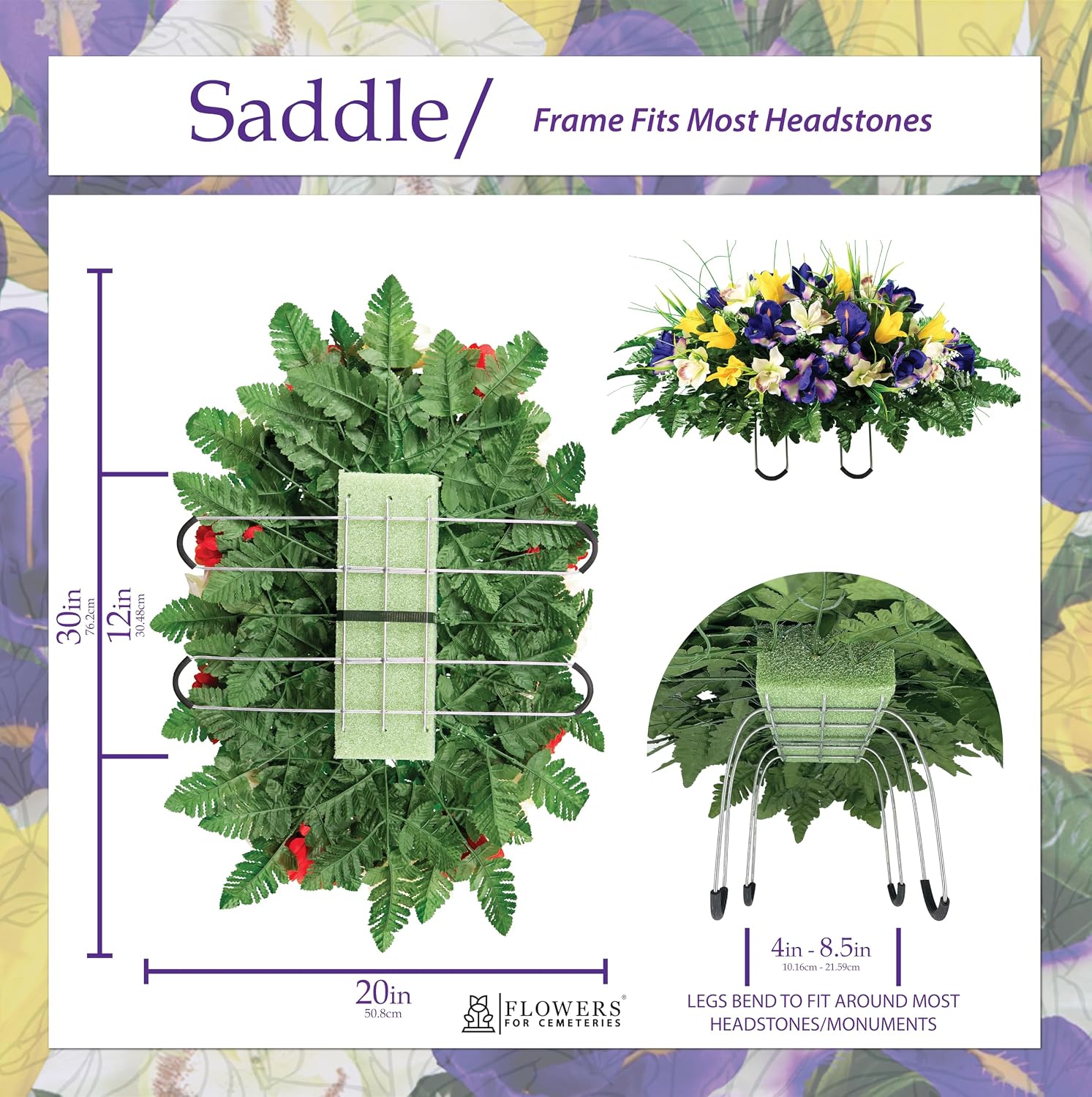 Artificial Cemetery Flowers - Grave Decoration - Yellow Tulips and Purple Iris (1) Headstone Saddle (2) Bouquets