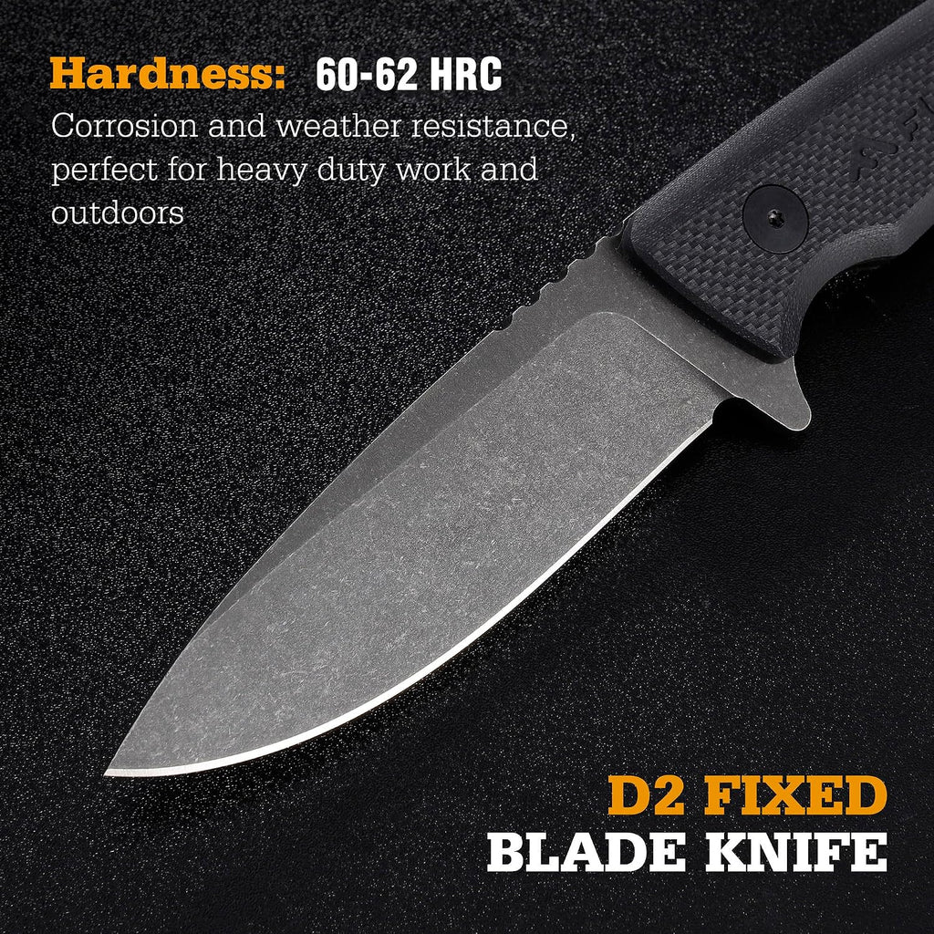 8.5" Full Tang Fixed Blade Knife with Nylon Sheath | Survival Hunting Knife with D2 Blade and Ergonomic G10 Handle