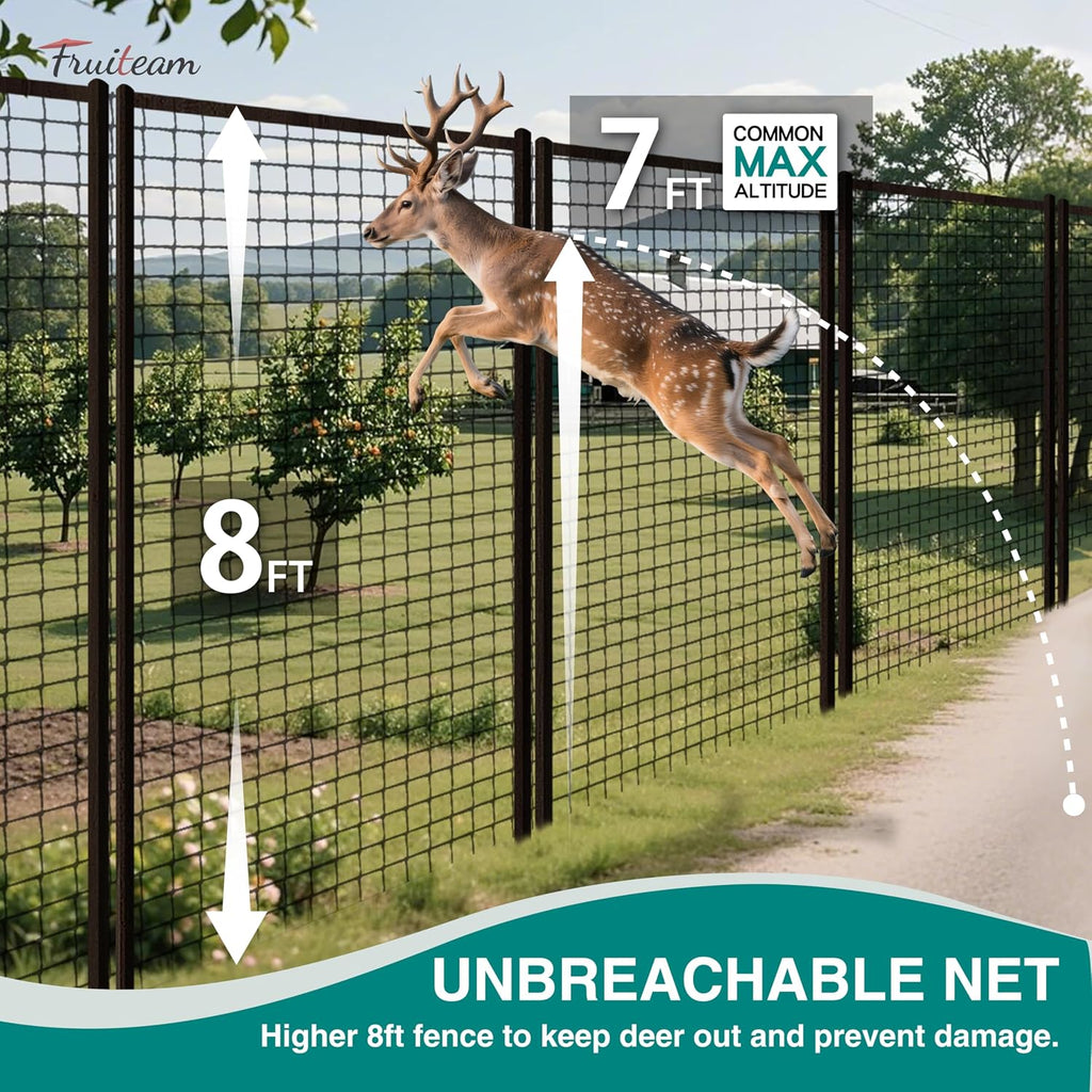 Deer Fence Netting, 8FT x 100FT Heavy Duty Black PP Coated, Garden Protection Barrier, 0.7"x0.7" 70gr/sqm Mesh
