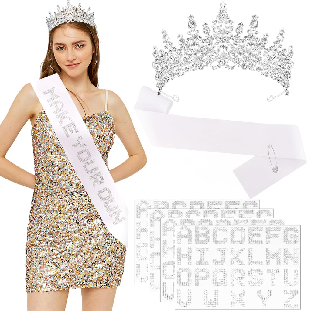 Custom Sash with Crown White Blank Satin Sash For Women Girls Rhinestones Tiara Satin Sash with Rhinestone Iron on