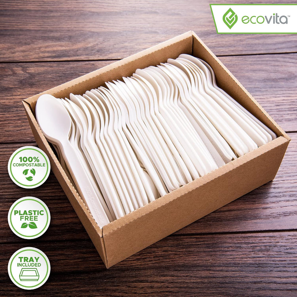 100% Compostable Spoons - 140 Large Disposable Utensils (6.3 in.) Eco Friendly Durable and Heat Resistant Alternative