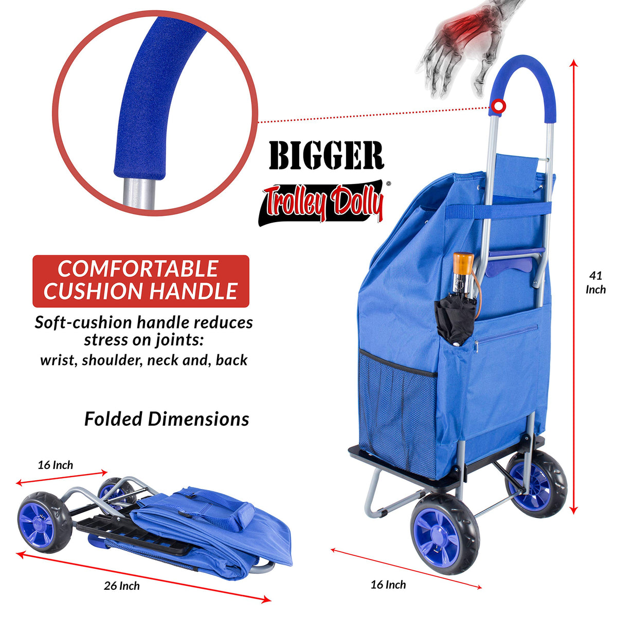 Bigger Trolley Dolly, Blue Shopping Grocery Foldable Cart