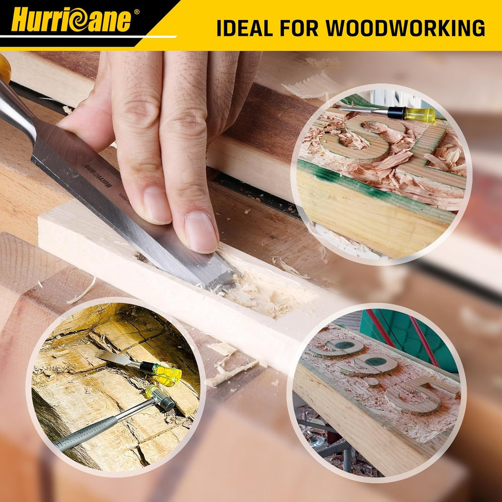 4 Piece Wood Chisel Set for Woodworking. CR-V Steel Beveled Edge Blades with Safety Caps. Durable PVC High Impact