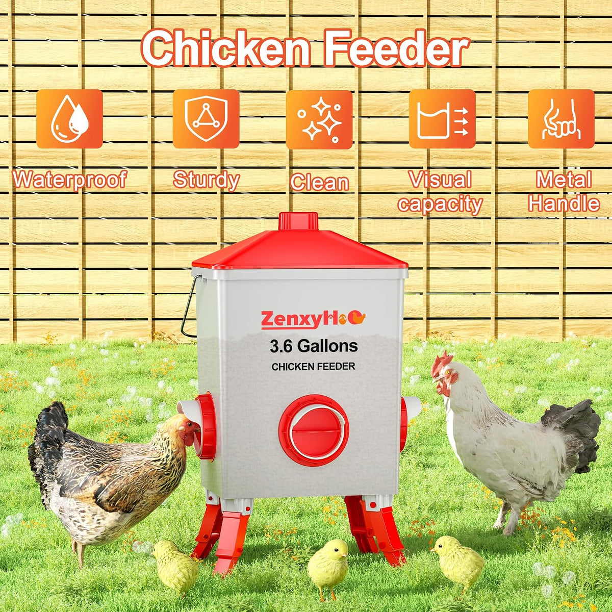 3.6 Gal Chicken Feeder with 4 No-Waste Ports - 3 Height Adjustable