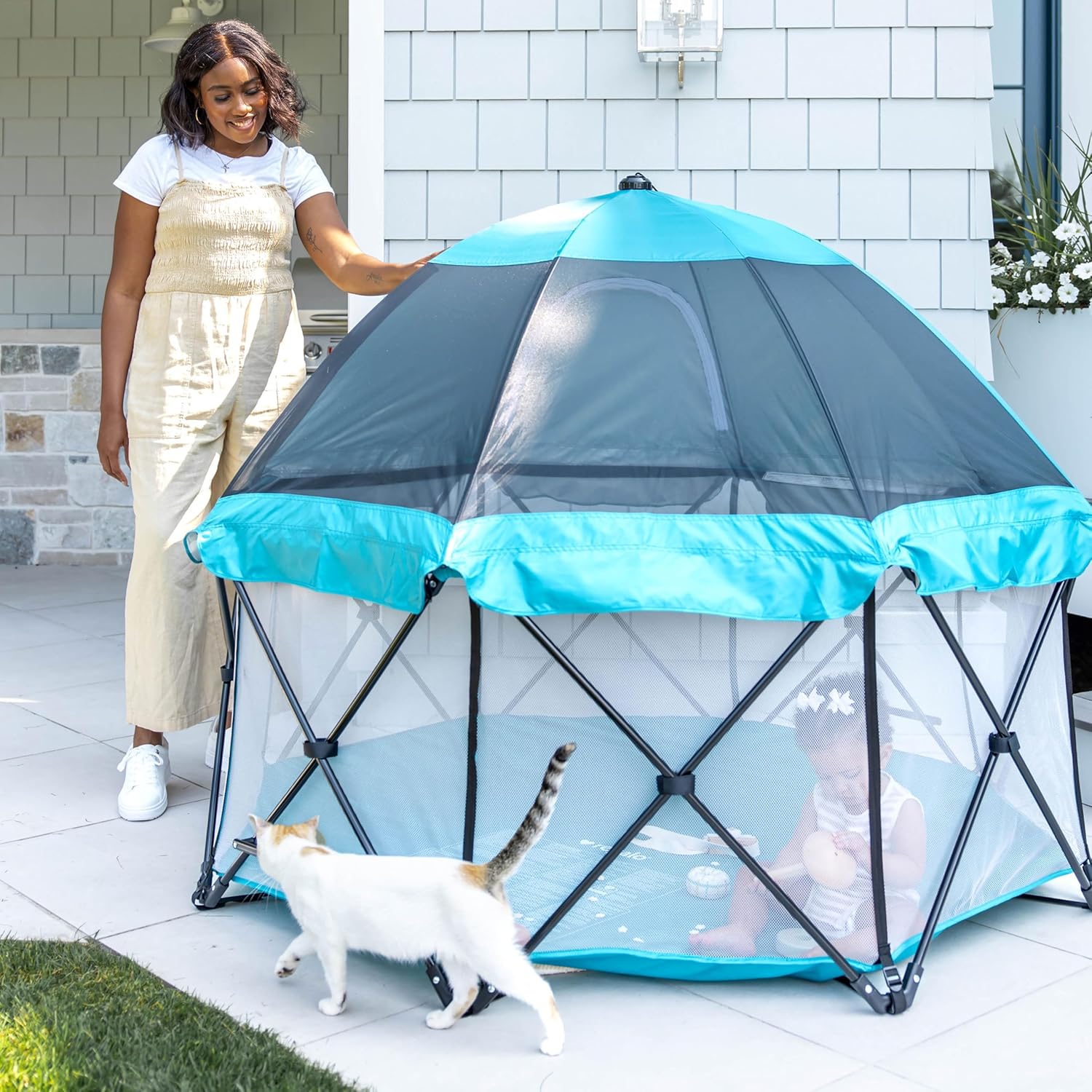 Safety My Play Deluxe Extra Large Baby Playpen & Portable Play Yard with Canopy, Foldable 8-Panel Indoor Outdoor
