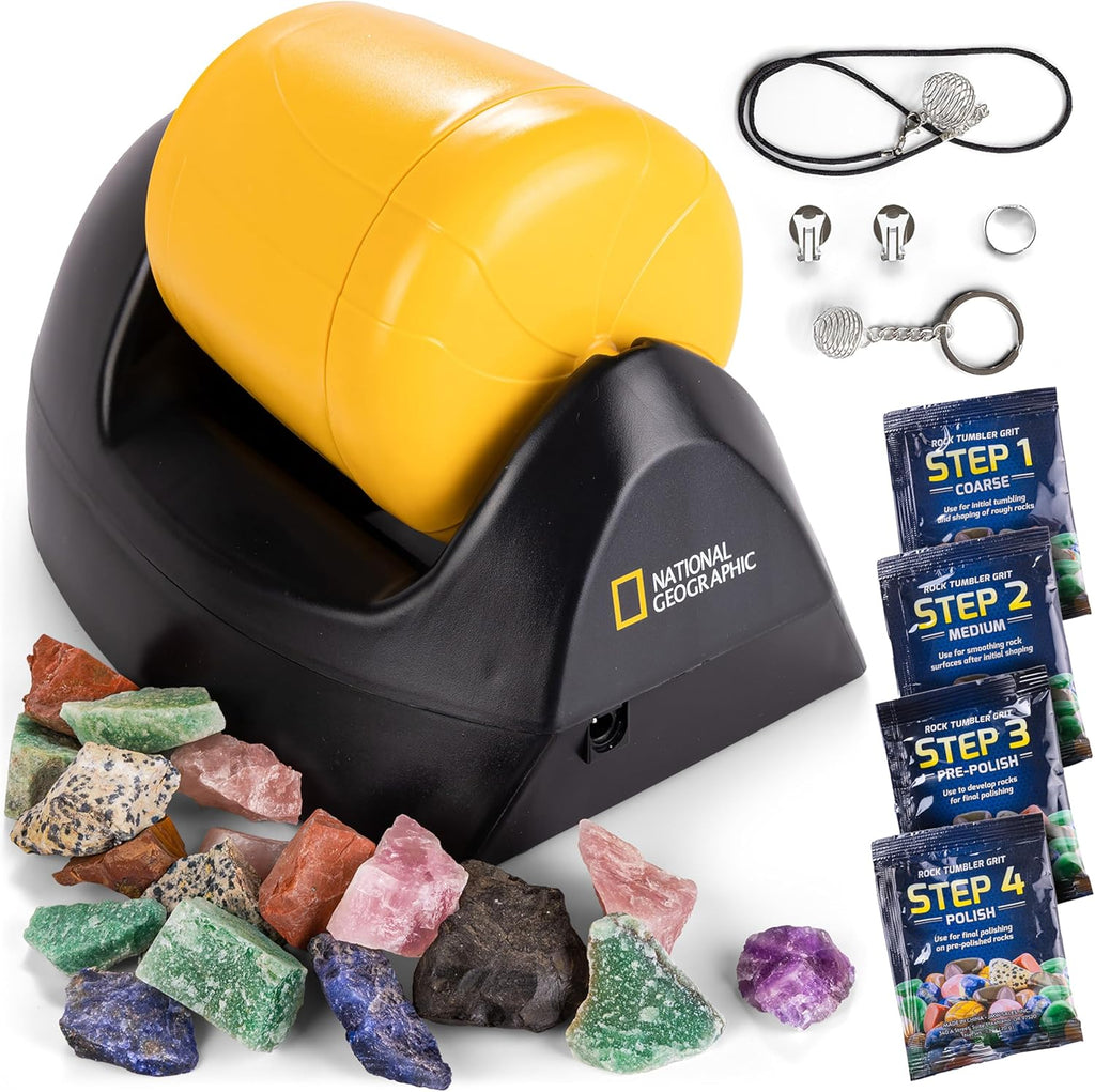 National Geographic Starter Rock Tumbler Kit for Kids and Adults | Leak-Proof Rubber Barrel, 1/2 Lb. Rough Gemstones