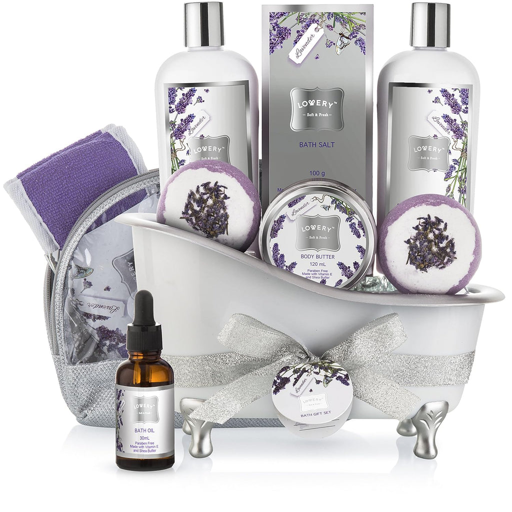 Bath Gift Basket Set for Women: Relaxing at Home Spa Kit Scented - Lavender and Jasmine with Large Bath Bombs, Salts