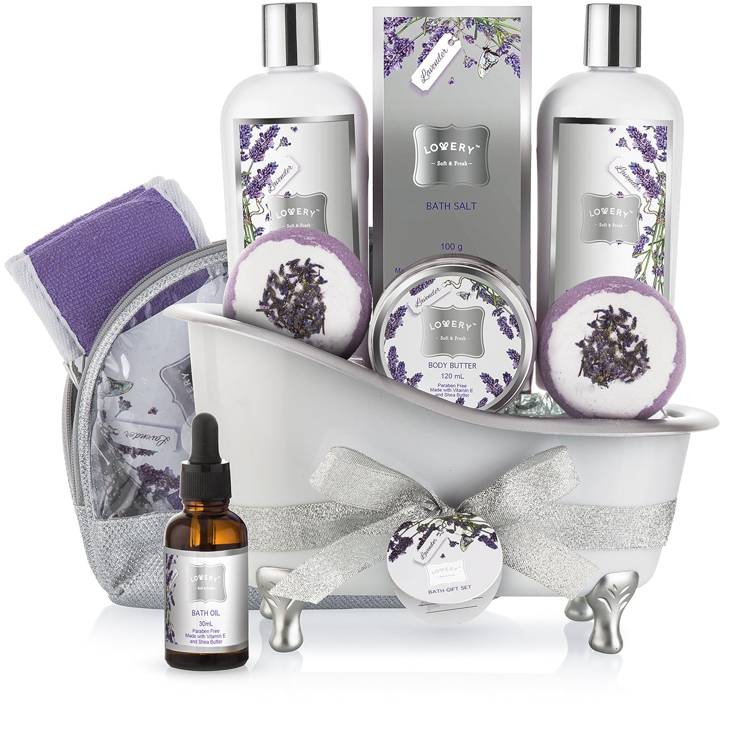 Bath Gift Basket Set for Women: Relaxing at Home Spa Kit Scented - Lavender and Jasmine with Large Bath Bombs, Salts