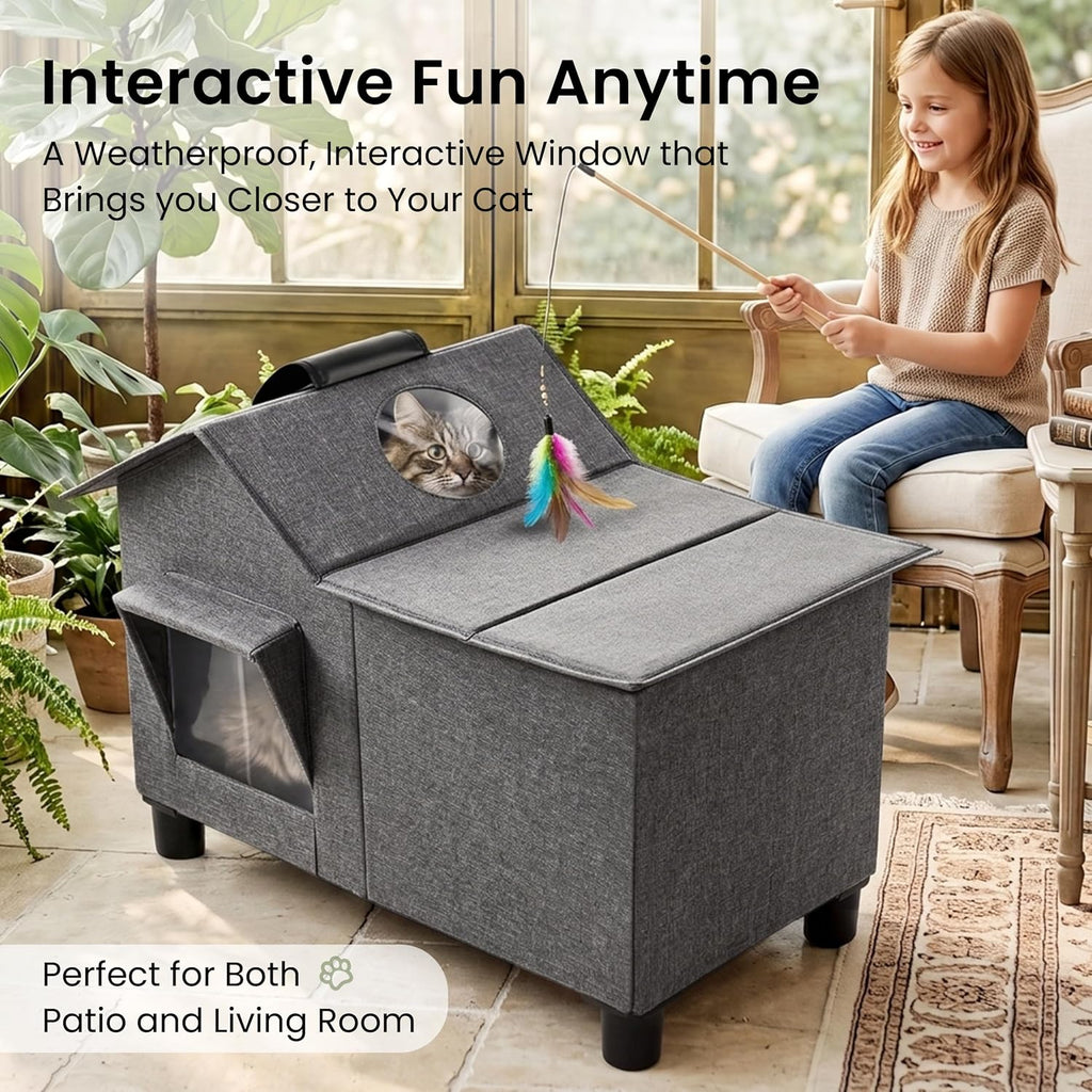 Outdoor Cat House Weatherproof Elevated Cat Bed, Grey, Large