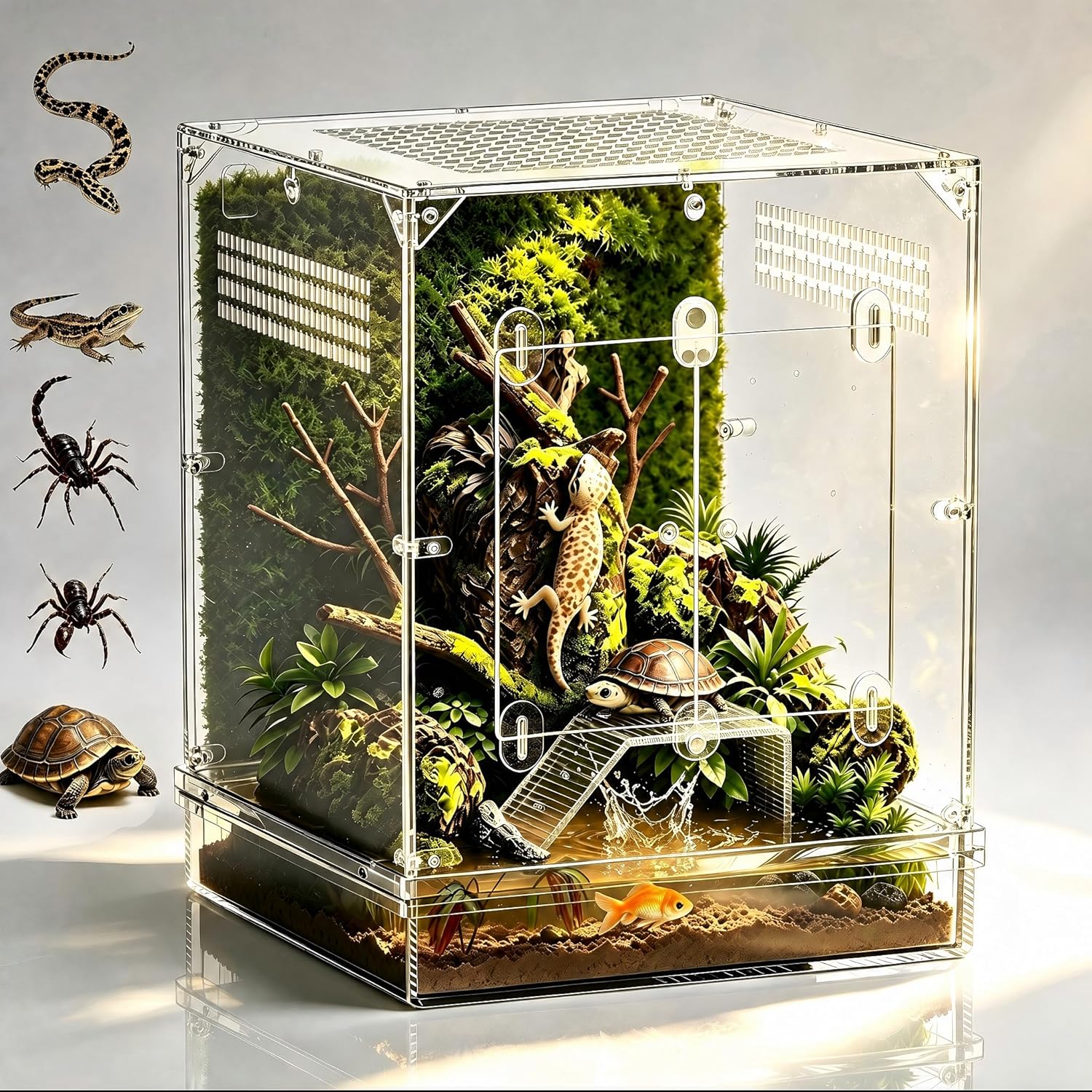 12x12x16 Acrylic Reptile Terrarium, Large Reptile Enclosure with Watertight Bottom, 10 Gallon Clear Reptile Tank with