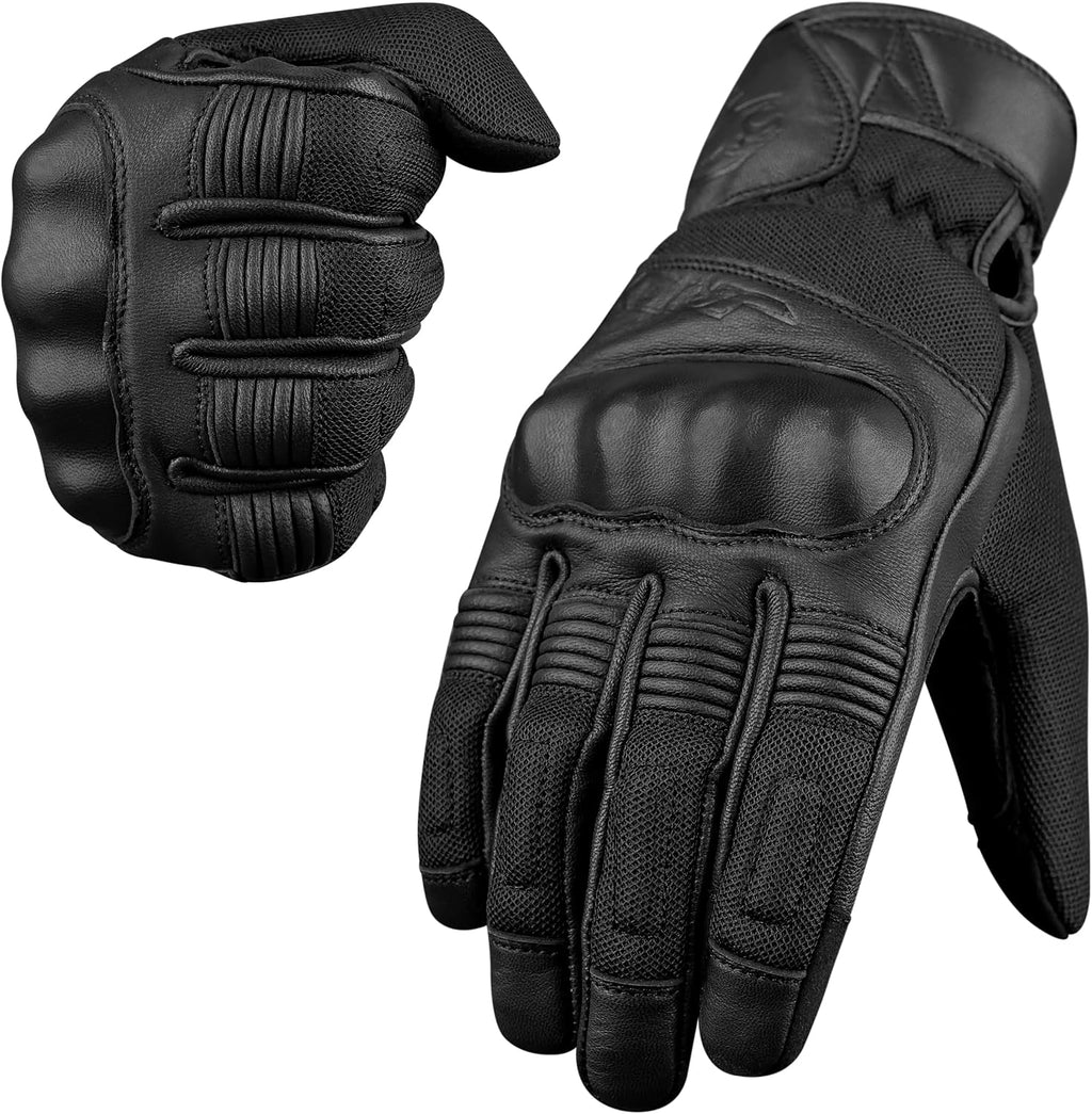 Motorcycle Gloves - Premium Leather Perforated Motorcycle Gloves for Men with Knuckle Protection | Touchscreen