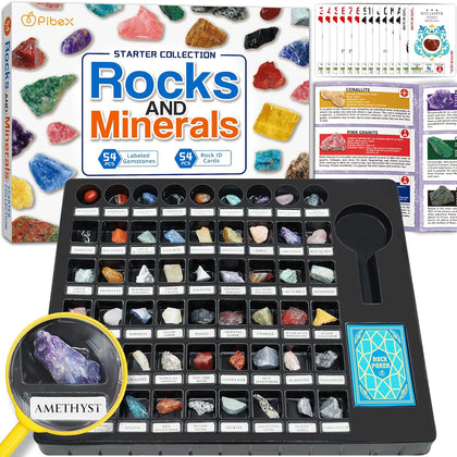 Rock Collection Starter Kit, 54 Rocks & Minerals with Name Labels | 9 Polished Gems, 45 Crystals & Stones, Rock ID