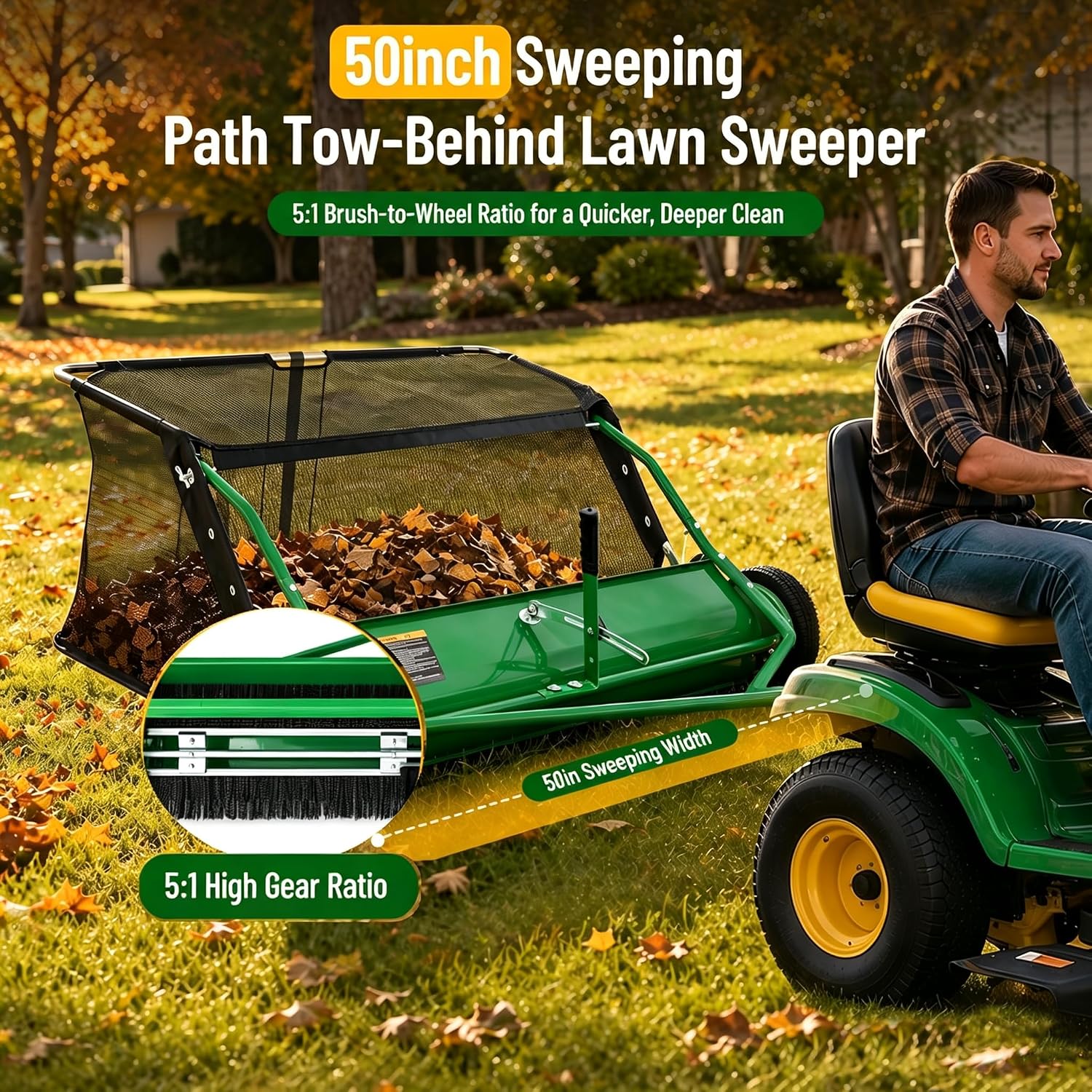 50" Lawn Sweeper Tow Behind, 26 Cu. Ft. Large Capacity Leaf Collector