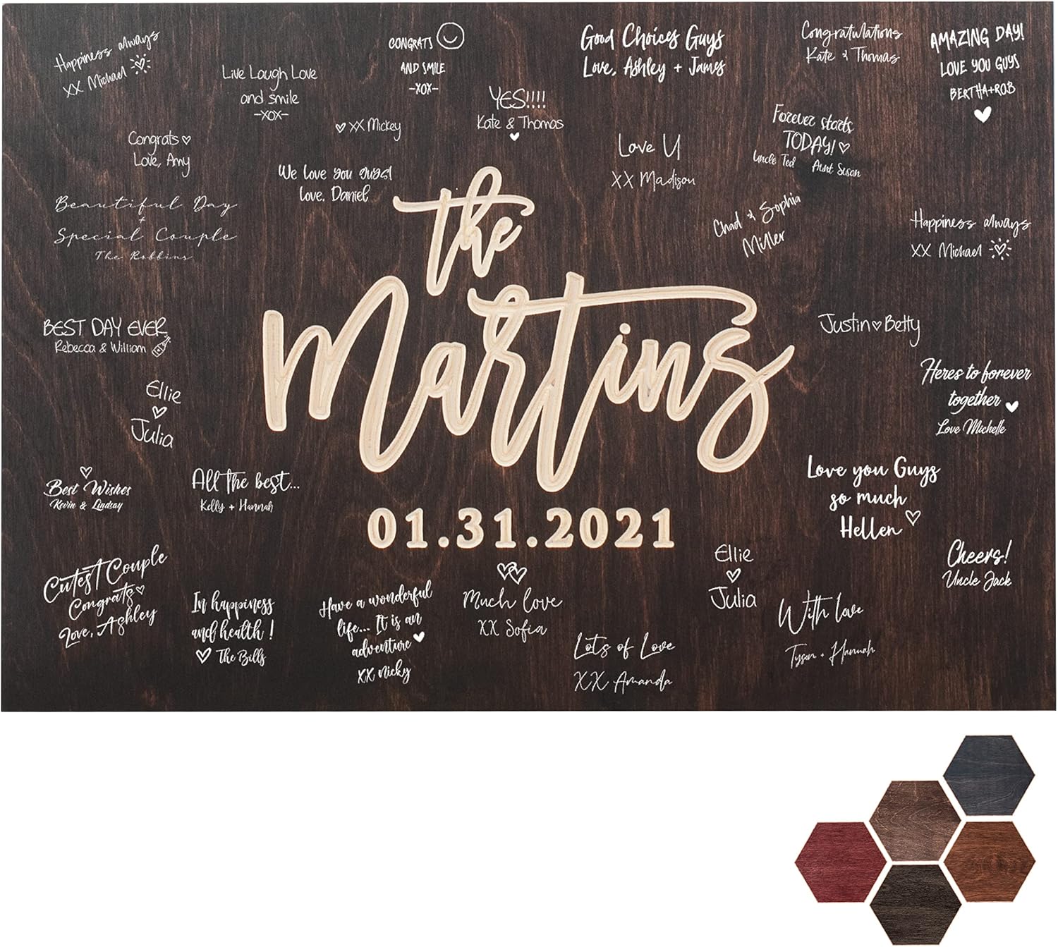 Personalized Wedding Guest Book Alternative | Family Name, Date | 5 Optional Wooden Colors, 2 Optional Shapes, 4