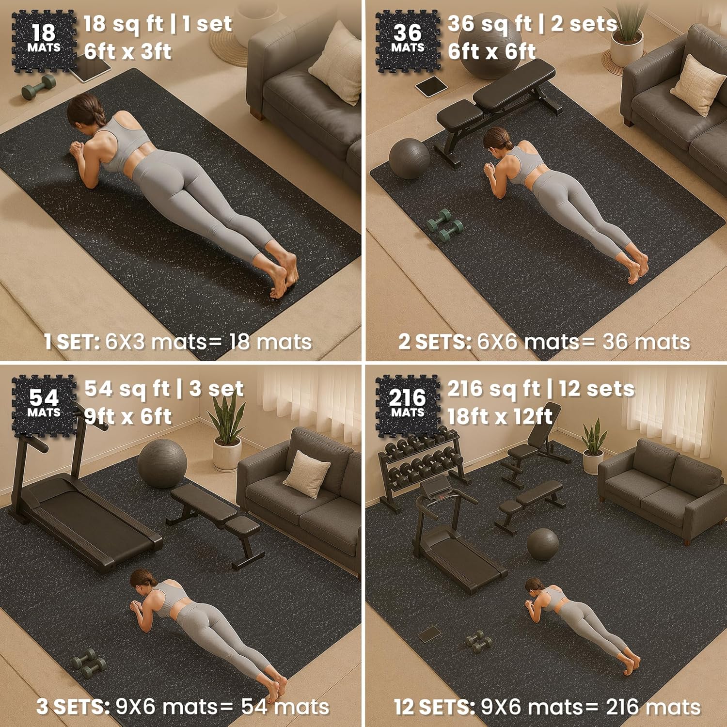 Gym Mats Set - EVA Interlocking Foam Floor Tiles (12.6"x12.6"x0.4") Protective Gym Flooring Sports Home Workout