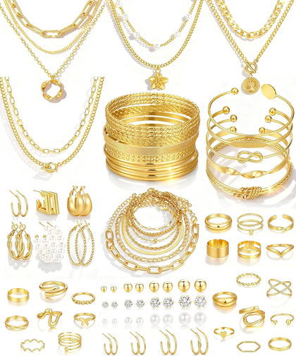 78 Pieces Gold Jewelry Set for Women, 9 Necklace, 24 Bracelet, 22 Earrings, 23 Knuckle Rings Gold Plated Jewerly set