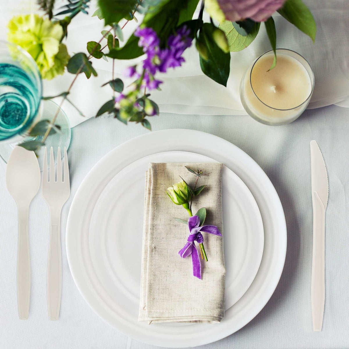 250 Piece Biodegradable Paper Plates Set (EXTRA LONG UTENSILS), Disposable Dinnerware Set, Eco Friendly Compostable