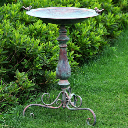 27.25 Ornate Metal Pedestal Style Birdbath with Cast Iron Vintage Birds Baths for Outdoors on Rim Full Base Standing