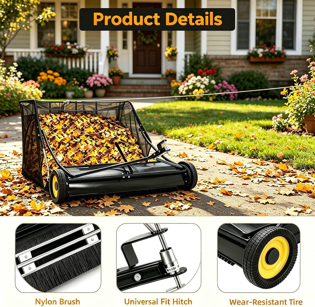 42" Large Capacity Pull Behind Lawn Sweeper with Adjustable Sweeping Height - Leaf & Grass Collector with Dumping