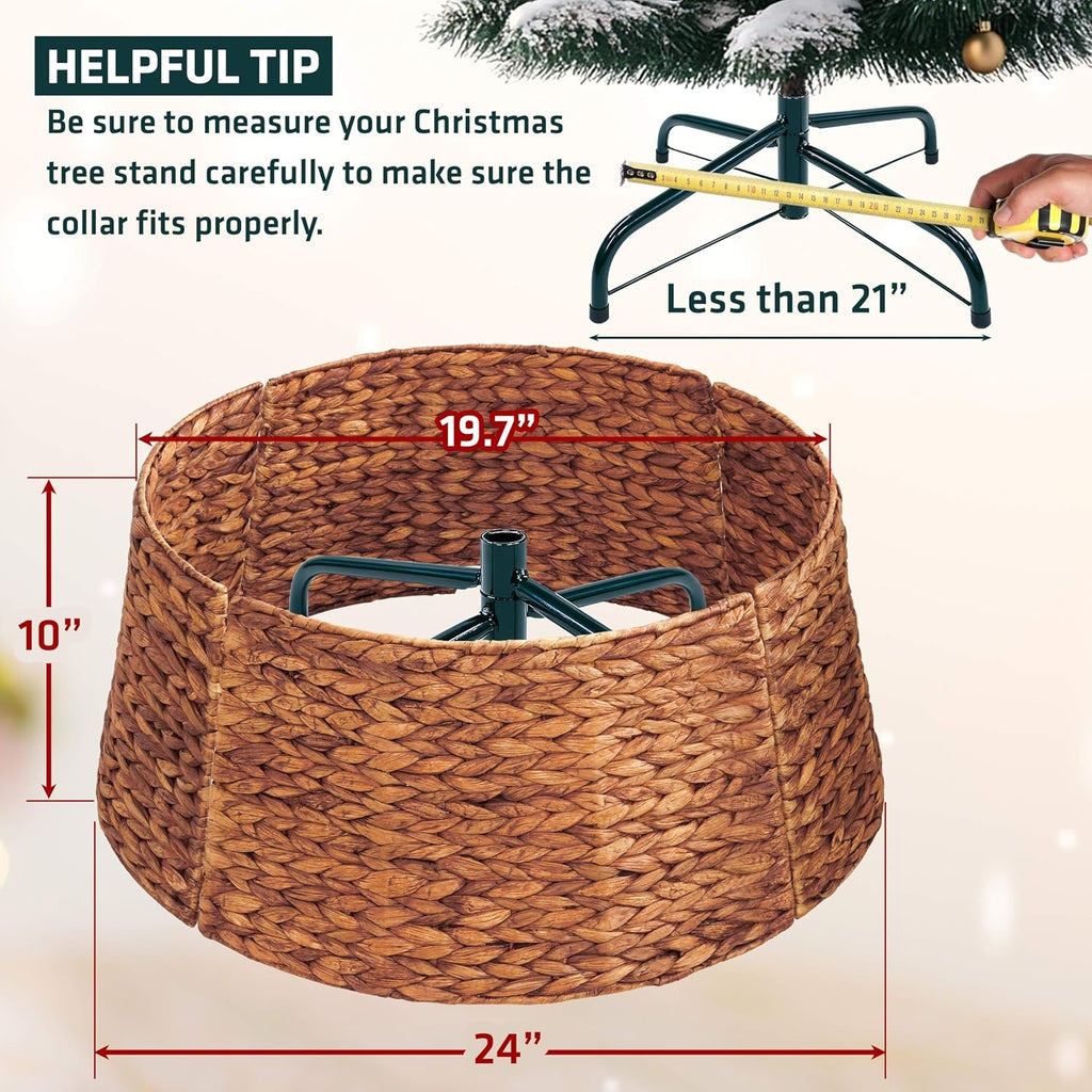 Handmade Water Hyacinth Christmas Tree Collar 24" – Rustic Basketweave Tree Base Cover, Eco-Friendly Skirt
