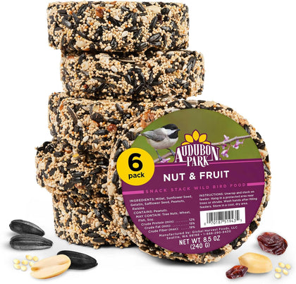 Nut & Fruit Snack Stack Wild Bird Food, Bird Seed Cake for Outside Feeders, 6-Pack | Bird Seed Cake for Outside Feeders