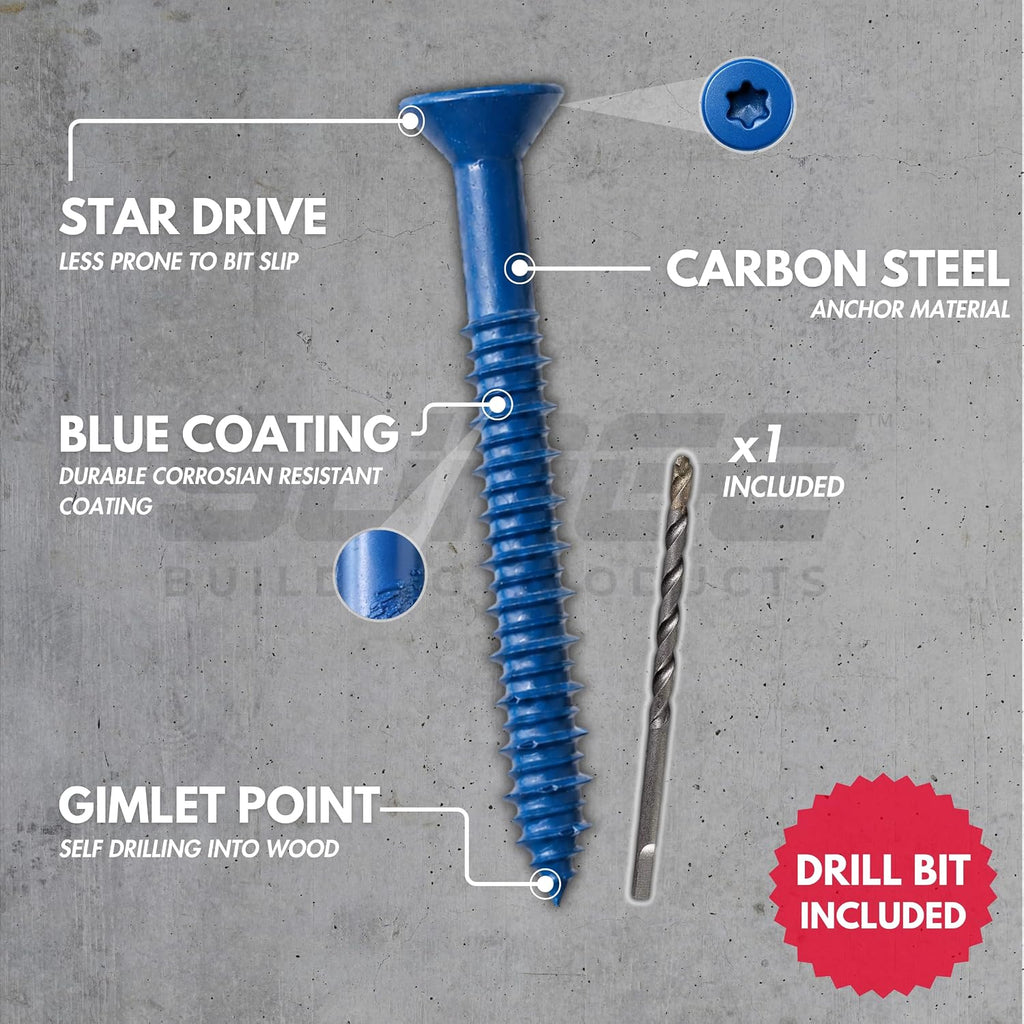 1/4" x 1-1/4" Flat Head Blue Concrete Screws with Drill Bit (Box of 100) | 1-1/4 Inch Star Torx Drive Masonry Screws