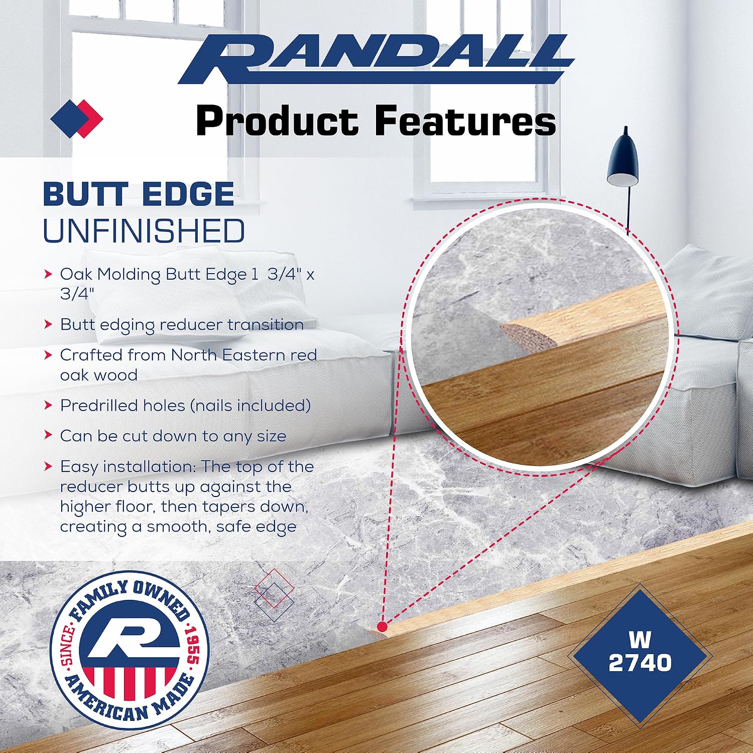 36" Red Oak Butt Edging/Reducer – 3/4" Thick x 1-3/4" Wide Unfinished Solid Oak Transition Strip with Installation