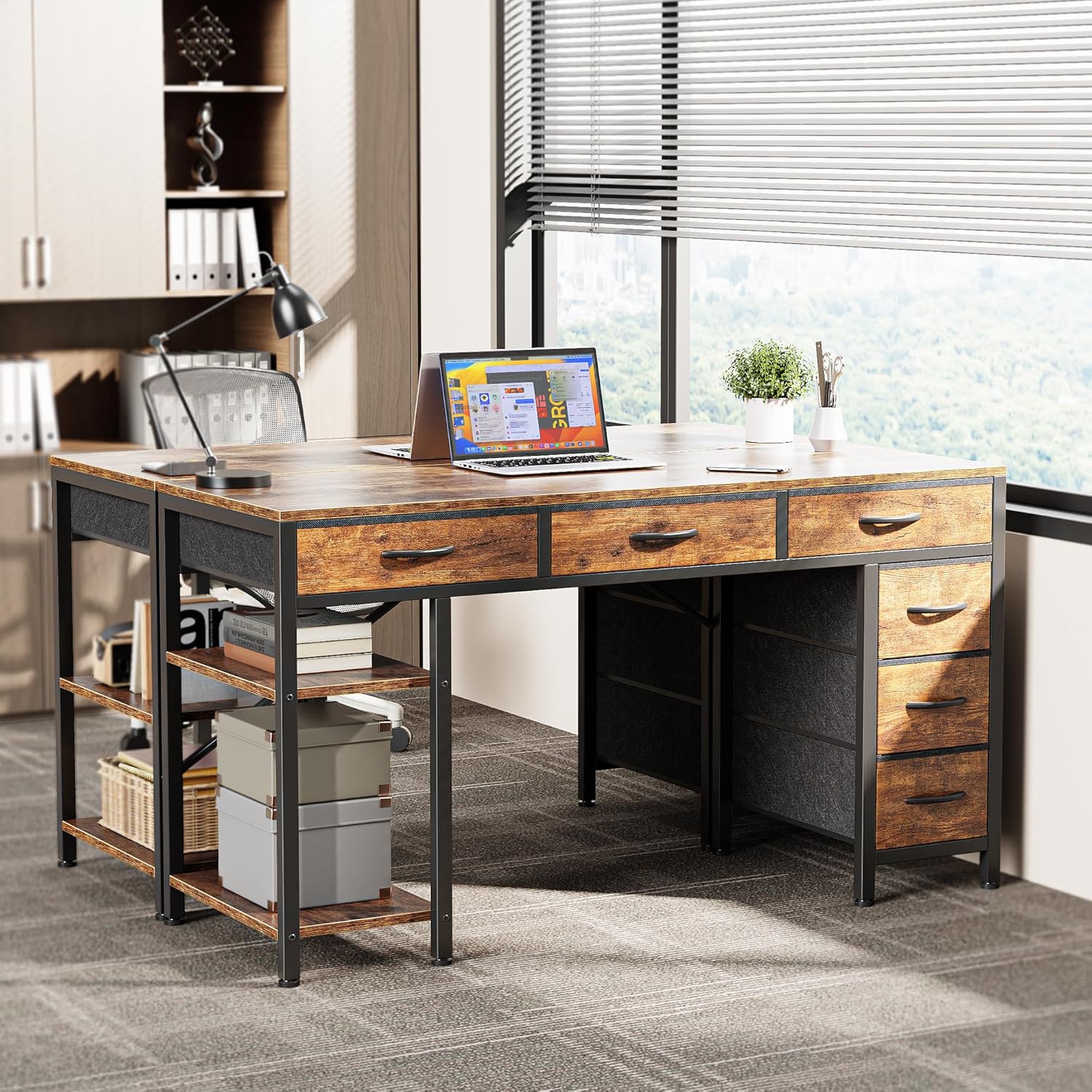 Computer Desk with 6 Drawers, Office Desk with Shelves, Reversible Gaming Desk, Corner Desk with Storage, Work for