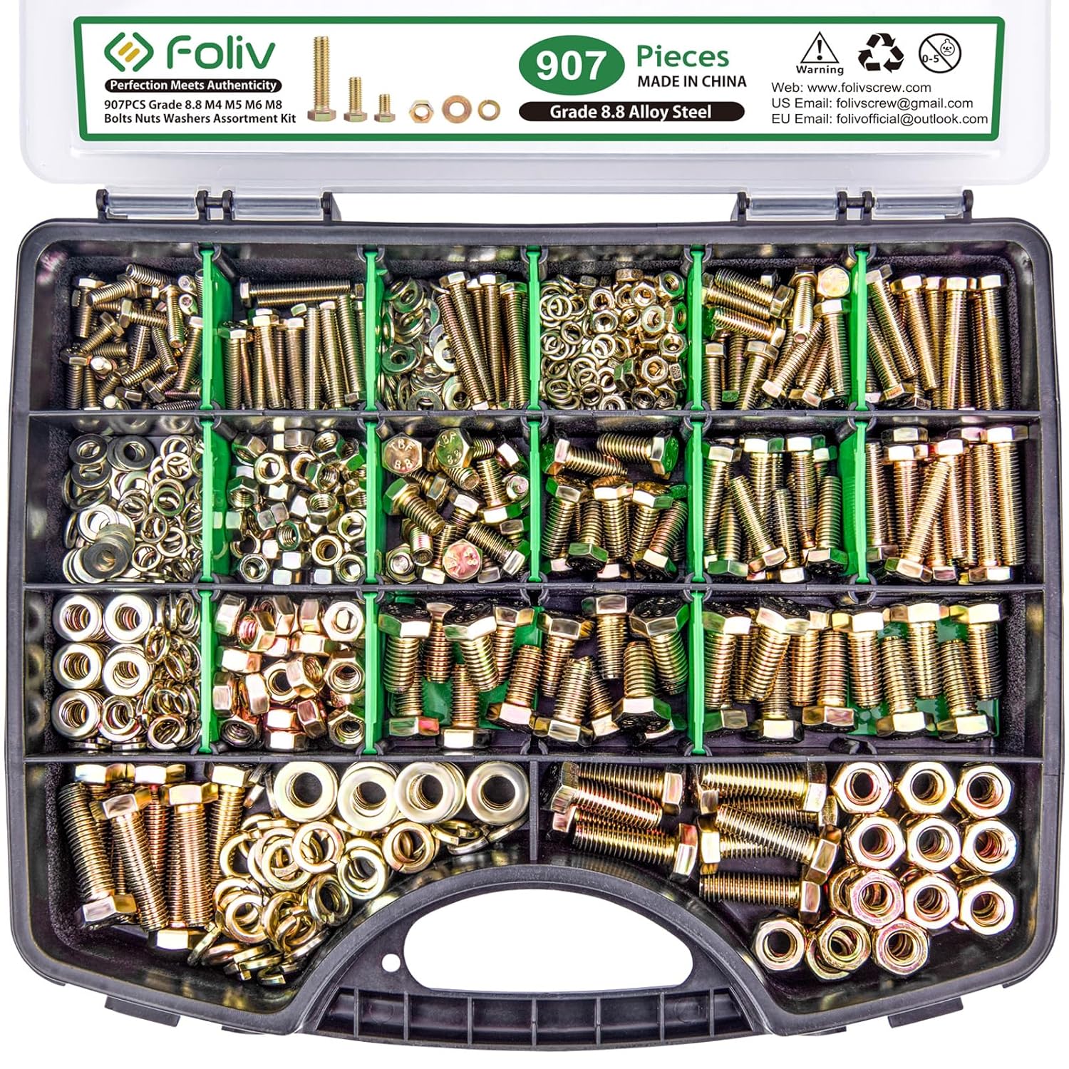 907pcs Grade 8.8 Metric Bolt Assortment, M4 M5 M6 M8 Heavy Duty Bolts and Nuts Kit, Yellow Zinc Plated, Length from