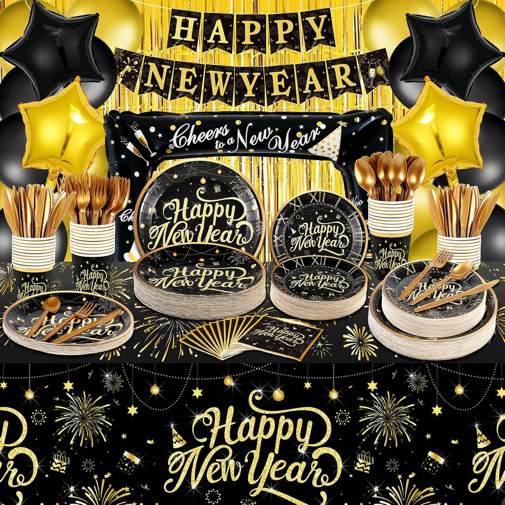 209 Pcs 2026 New Years Eve Party Supplies for 24 Guests Black Gold Tableware Set with Plates Napkins Plastic