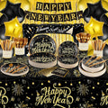 209 Pcs 2026 New Years Eve Party Supplies for 24 Guests Black Gold Tableware Set with Plates Napkins Plastic