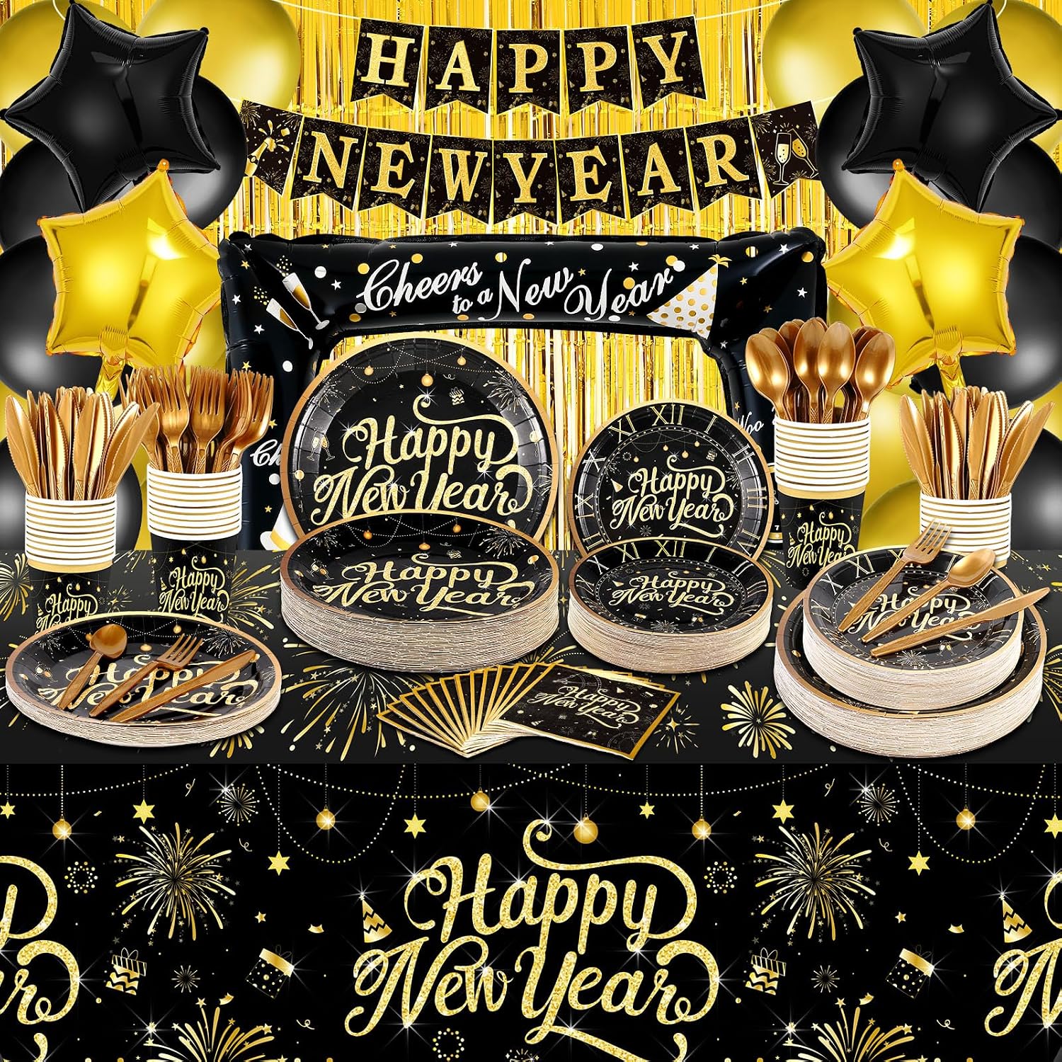 209 Pcs 2026 New Years Eve Party Supplies for 24 Guests Black Gold Tableware Set with Plates Napkins Plastic