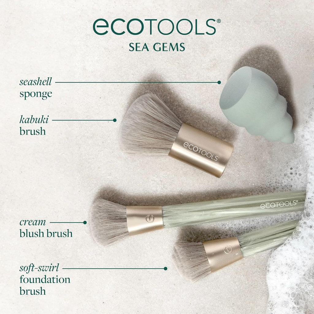 Sea Gems Face Makeup Brush & Sponge 4-Piece Set | Blend an even base with a makeup brush set with beauty sponge