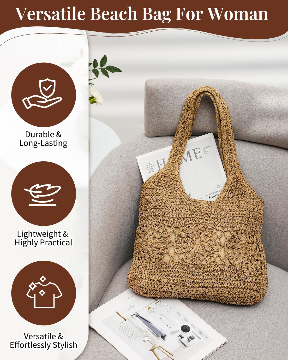 Beach Bag, Straw Beach Bags for Women Floral Straw Bag Beach Tote Bag
