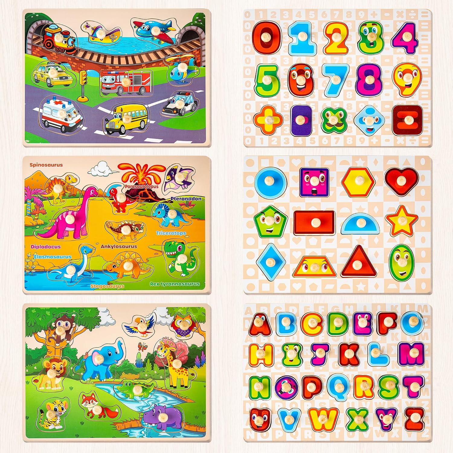 Wooden Puzzles for Toddlers 1-3, 6XSET Puzzles for Toddlers 2-4 with Rack, Learning Alphabet Number Animal Dinosaur