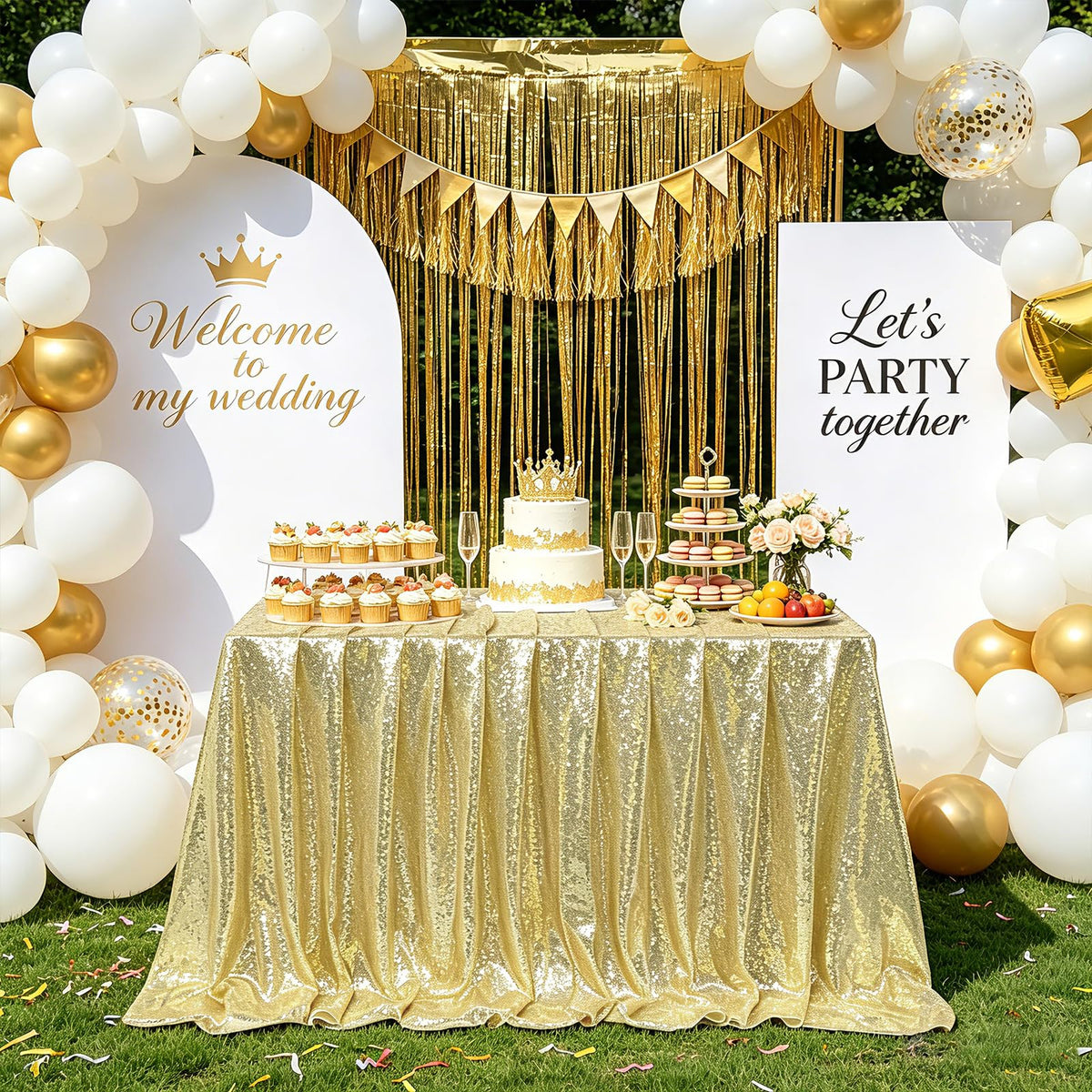 Light Gold Sequin Tablecloth Rectanglar 90" x 132" Glitter Table Cloth