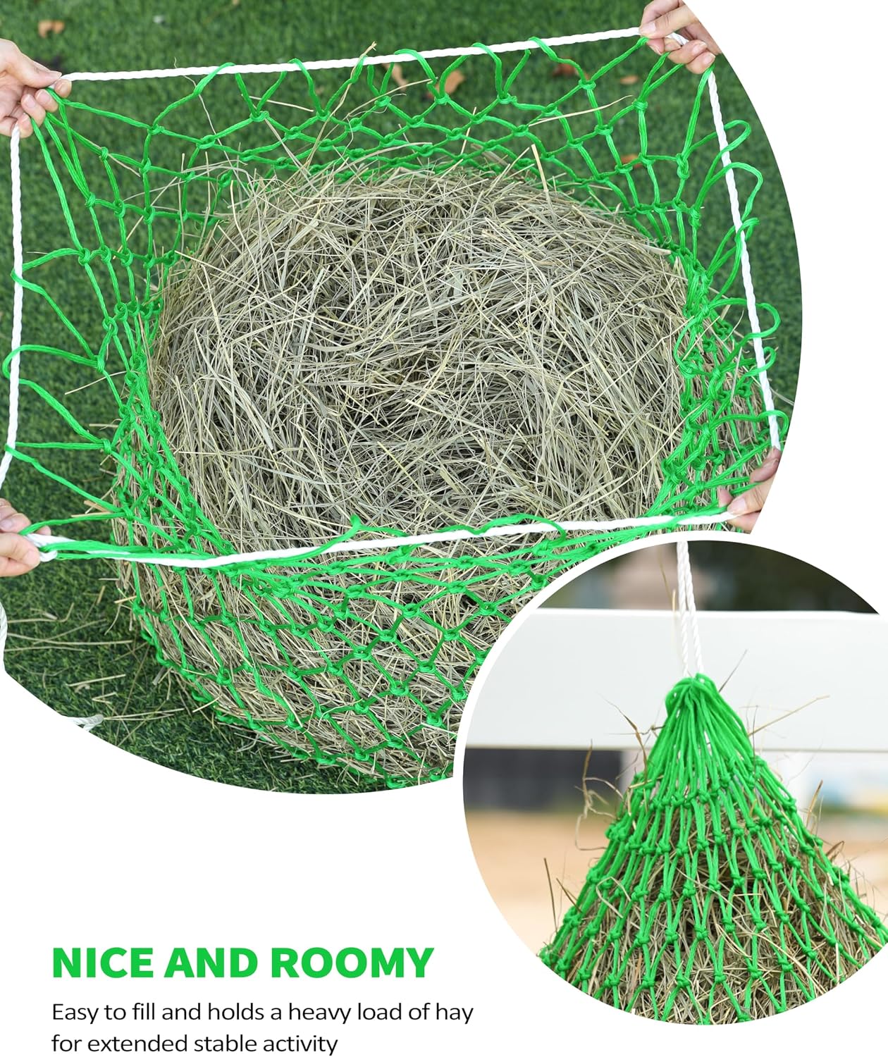 Slow Feed Hay Net for Horses, 40 Inch Hay Bag Holds 1–2 Flakes, 2 Inch Mesh Durable Hanging Feeder for Stable