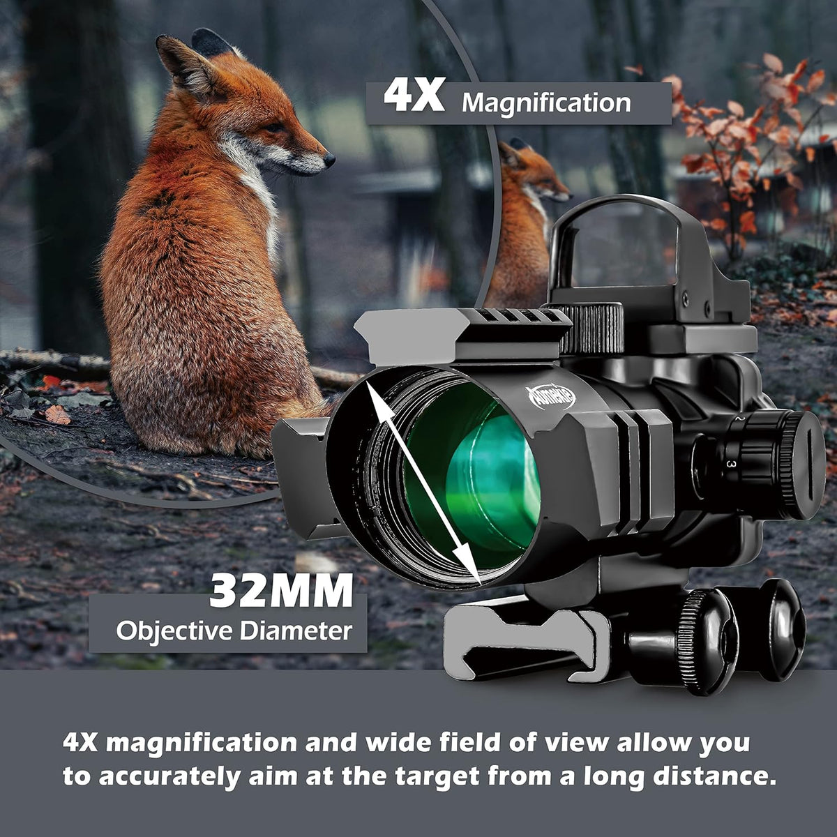 2-in-1 Combo Prism Rifle Scope 4X32 Compact Red & Green Dot Holographic with Adjustable Brightness
