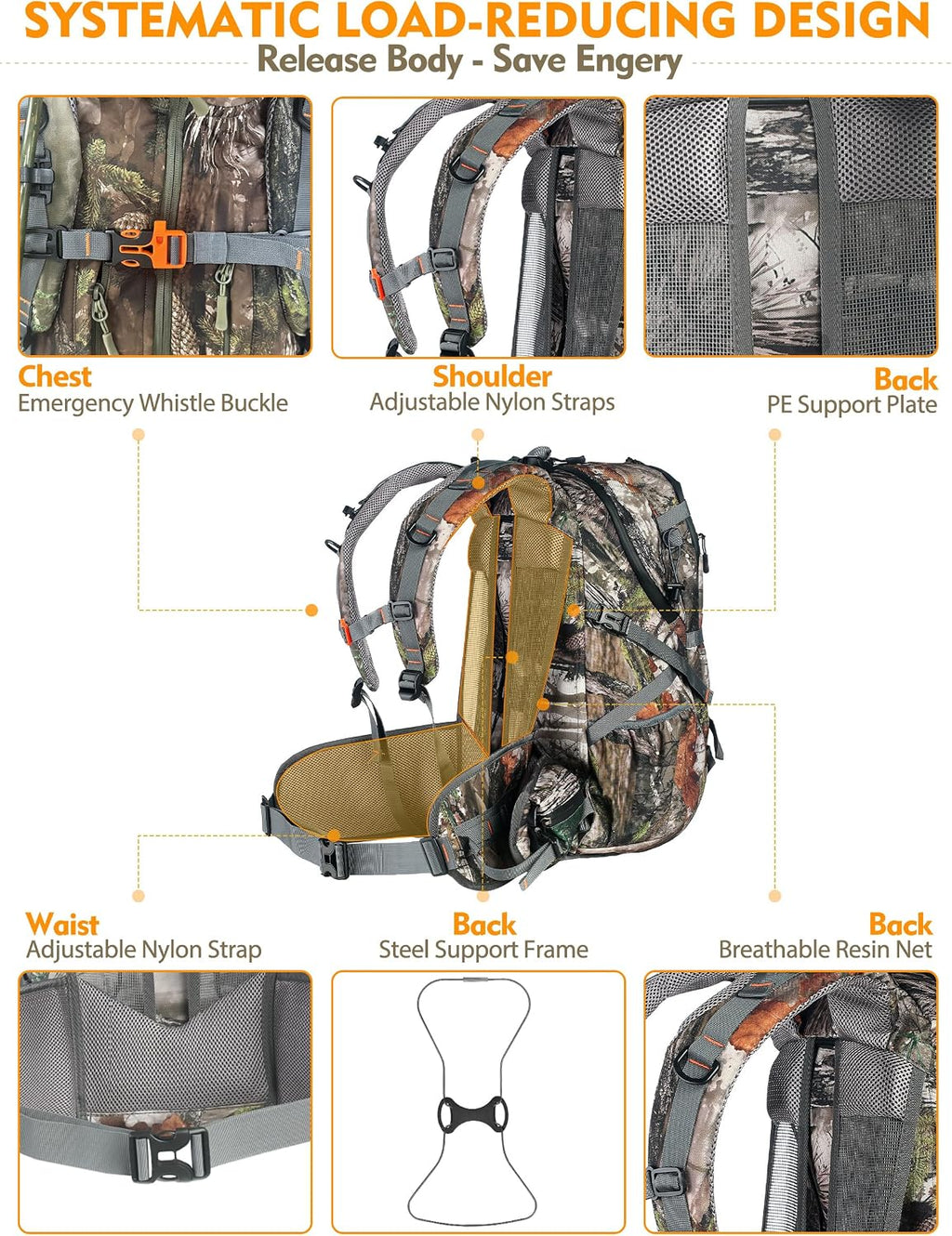 Hunting Backpacks for Men 35L, Camo Backpack for Hunting with Rifle Bow Gun Holder, Waterproof Hunting Pack with Rain