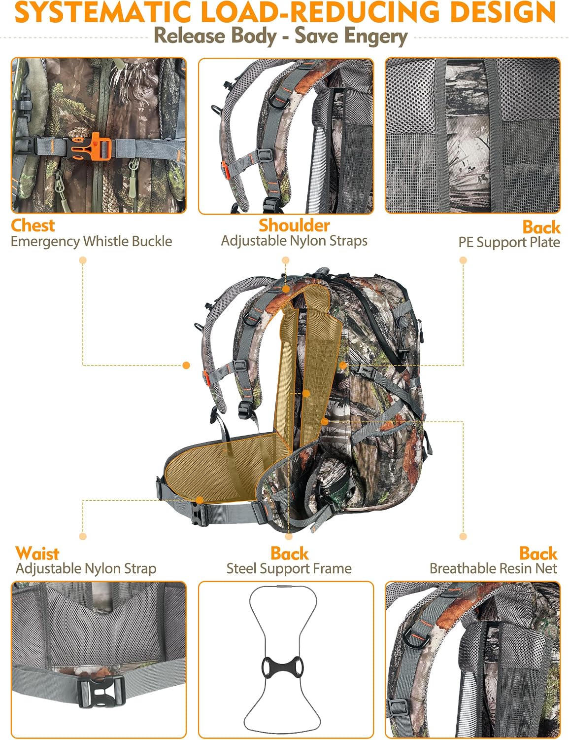 Hunting Backpacks for Men 35L, Camo Backpack for Hunting with Rifle Bow Gun Holder, Waterproof Hunting Pack with Rain