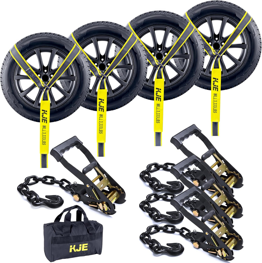4 Pack Reflective Car Tie Down Straps for Trailers - Tire Ratchet Strap with Chain Anchors - 2" x 10' 10,000LBS Break