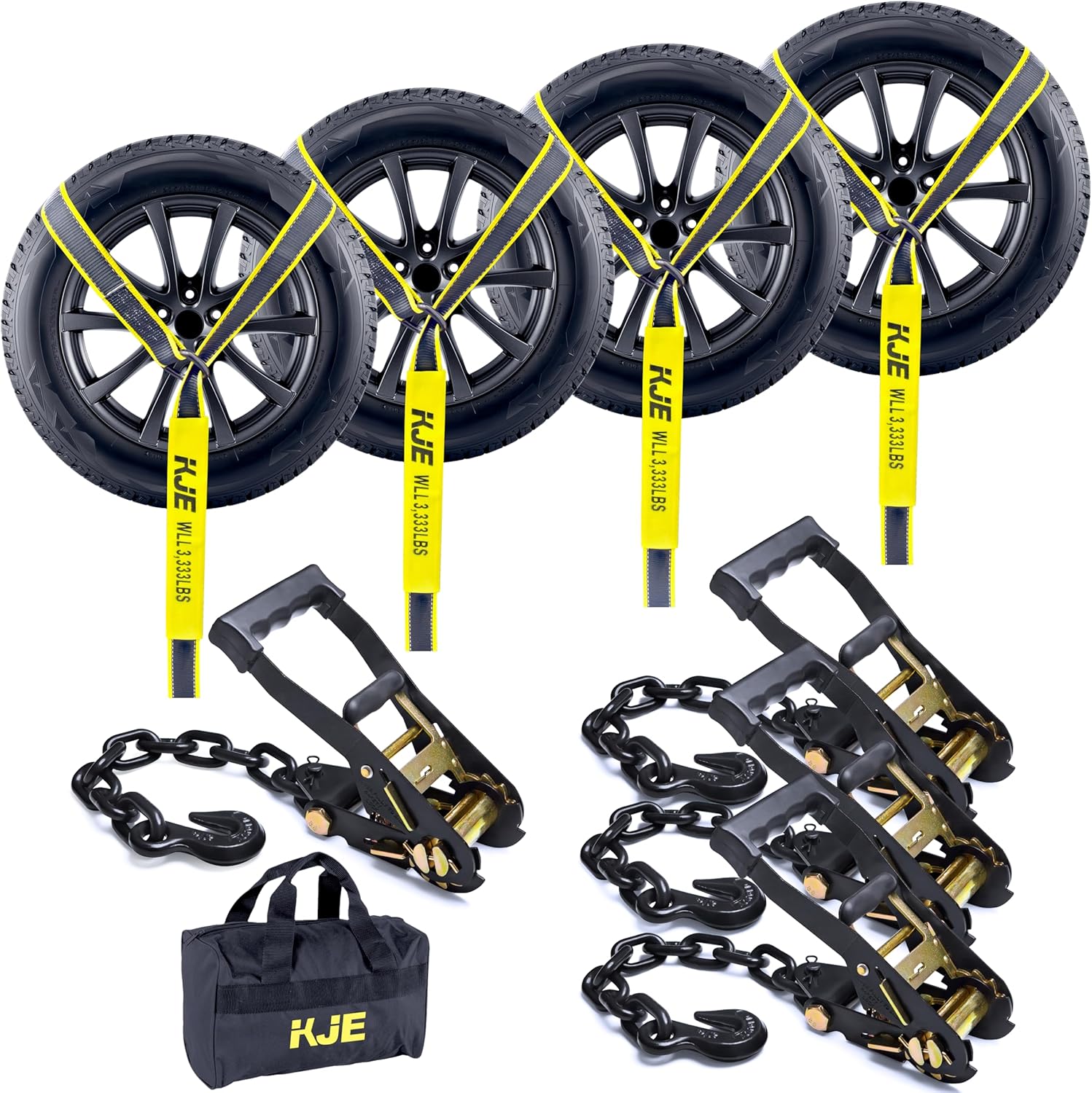 4 Pack Reflective Car Tie Down Straps for Trailers - Tire Ratchet Strap with Chain Anchors - 2" x 10' 10,000LBS Break